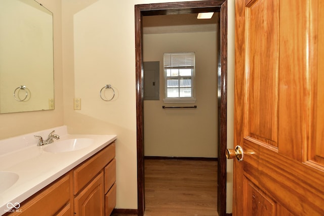 bathroom featuring vanity, wood-type flooring, and electric panel