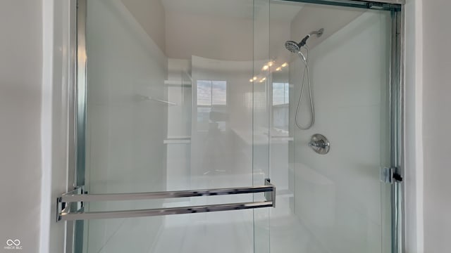 bathroom featuring a shower with shower door