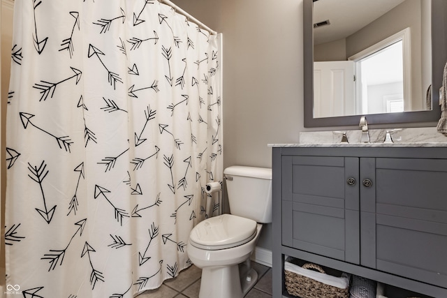 bathroom with tile patterned floors, vanity, toilet, and a shower with shower curtain