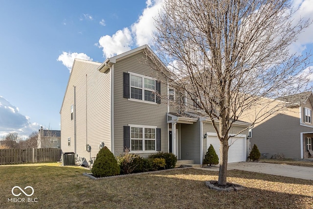 traditional home with central AC unit, an attached garage, fence, driveway, and a front lawn