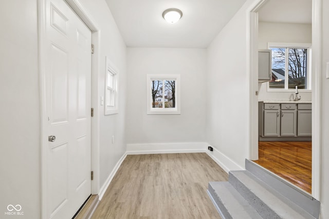 laundry area featuring light hardwood / wood-style flooring and sink