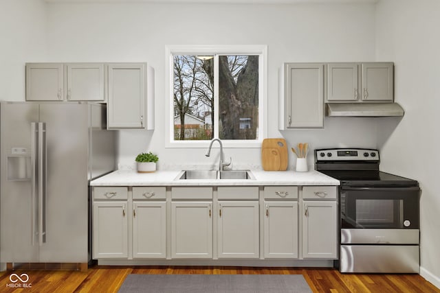 kitchen with gray cabinets, sink, appliances with stainless steel finishes, and light hardwood / wood-style flooring