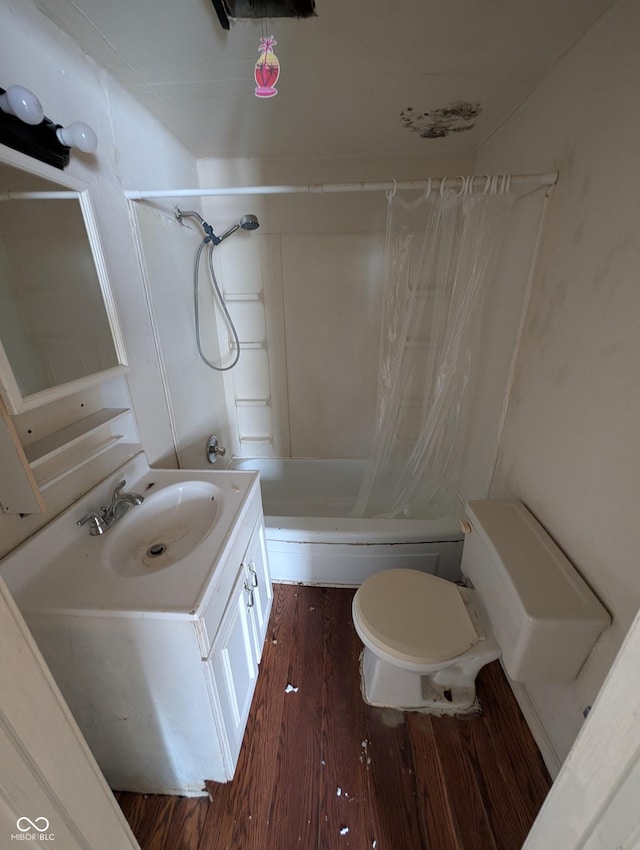 full bathroom with vanity, toilet, wood-type flooring, and shower / bathtub combination with curtain