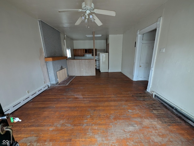 unfurnished living room with a baseboard radiator, ceiling fan, and dark wood-type flooring