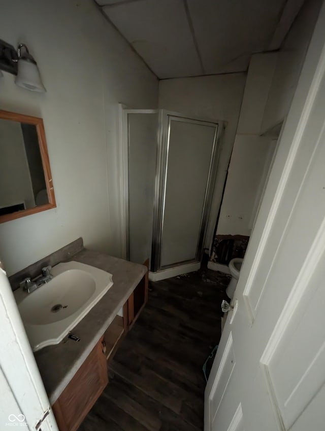 bathroom with hardwood / wood-style floors, vanity, toilet, and walk in shower