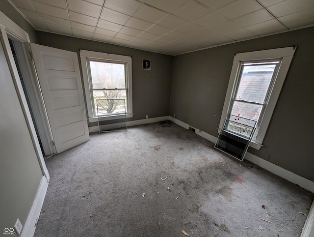 spare room featuring plenty of natural light, carpet floors, and a drop ceiling