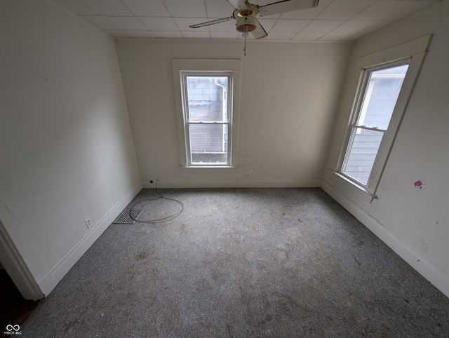 spare room featuring a paneled ceiling, ceiling fan, carpet, and a healthy amount of sunlight