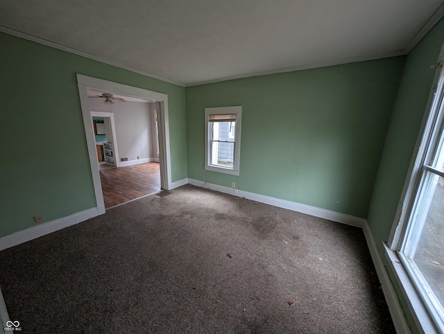 spare room featuring carpet, ceiling fan, and ornamental molding