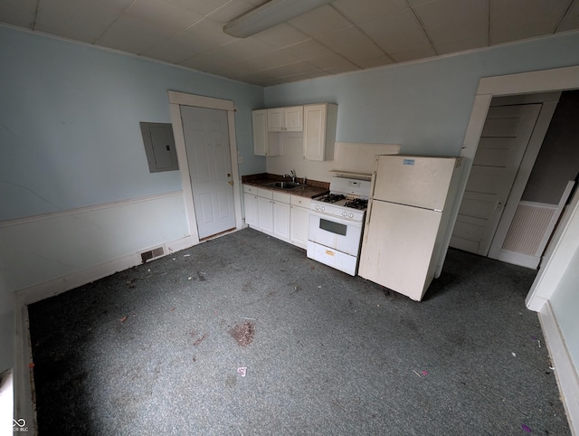 kitchen with electric panel, sink, dark carpet, and white appliances