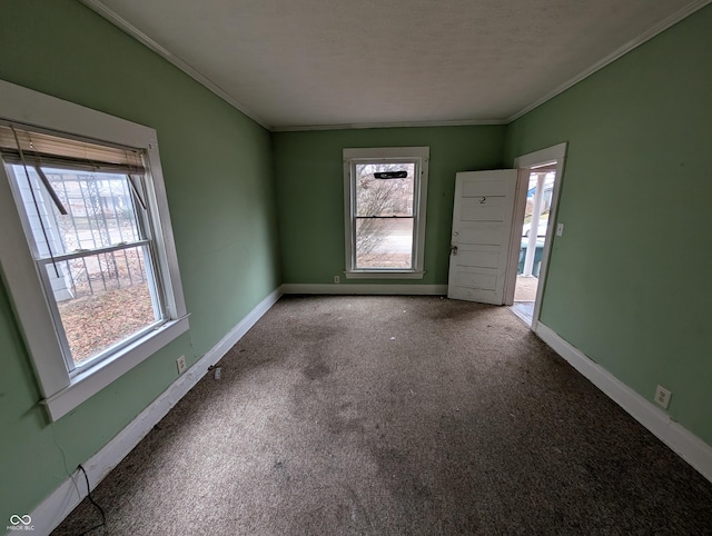 carpeted empty room with a wealth of natural light and ornamental molding