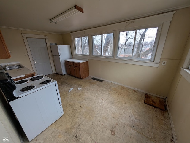 kitchen with crown molding, white appliances, and sink