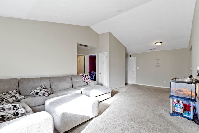 living room with carpet floors and lofted ceiling