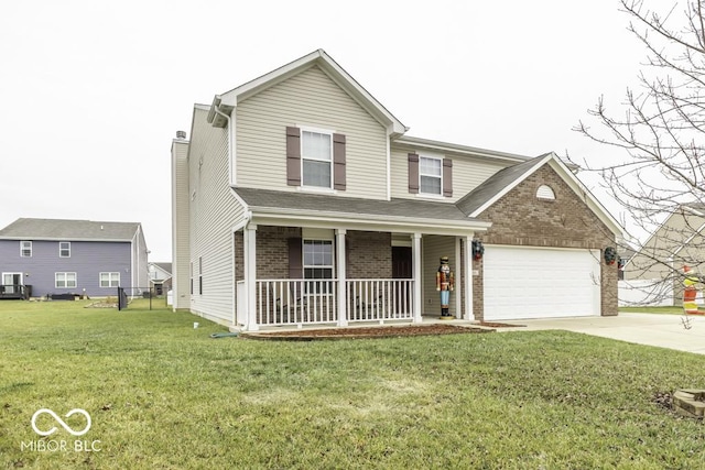 view of property with a porch, a garage, and a front lawn