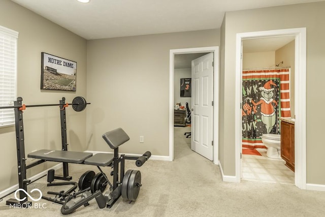 workout area with light carpet