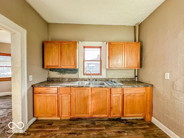 kitchen featuring a textured ceiling, dark hardwood / wood-style flooring, and sink