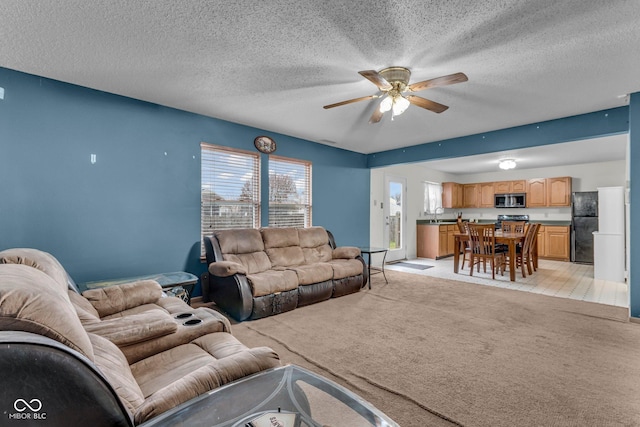 carpeted living room featuring ceiling fan and a textured ceiling