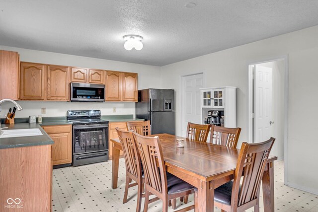 kitchen featuring a textured ceiling, sink, and black appliances