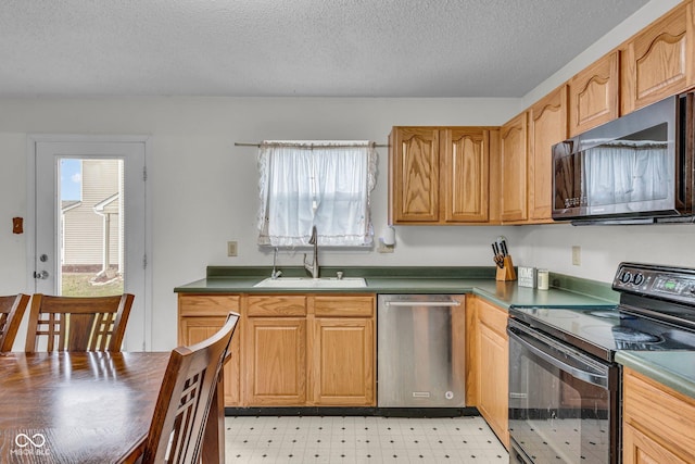 kitchen with a textured ceiling, sink, plenty of natural light, and appliances with stainless steel finishes