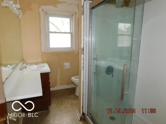 bathroom featuring vanity, an enclosed shower, and toilet