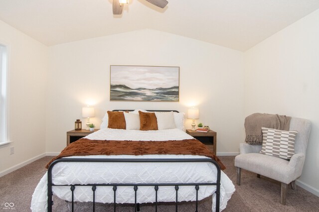 carpeted bedroom featuring ceiling fan and vaulted ceiling