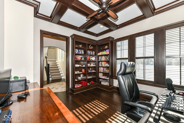 office space featuring arched walkways, ceiling fan, coffered ceiling, beamed ceiling, and dark wood finished floors