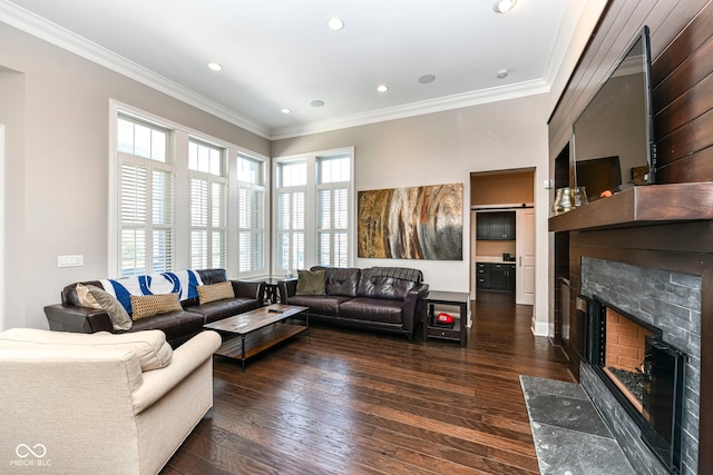 living room with dark wood-type flooring, crown molding, and a premium fireplace