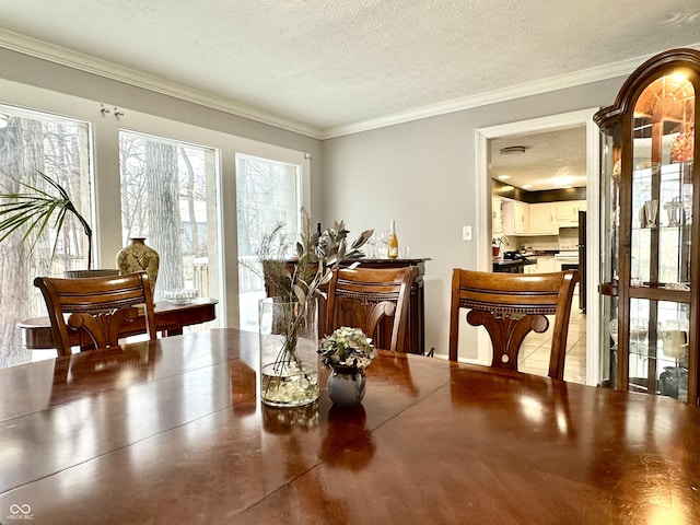 dining area with a textured ceiling, crown molding, and a healthy amount of sunlight