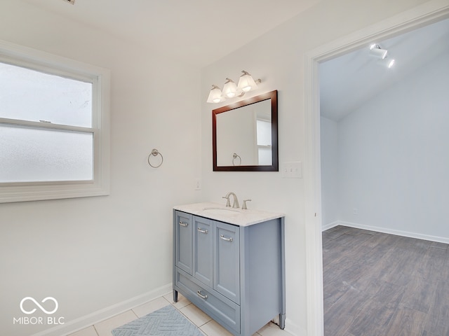 bathroom with vanity and wood-type flooring