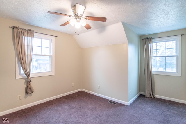 bonus room with lofted ceiling, dark colored carpet, a textured ceiling, and a healthy amount of sunlight