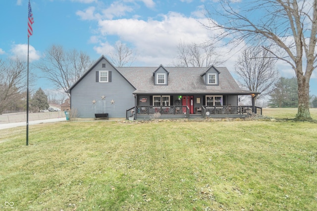 cape cod home with a front lawn and a porch