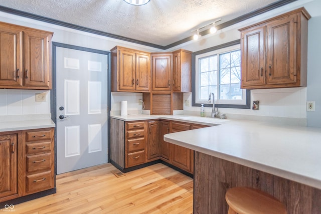 kitchen featuring crown molding, light hardwood / wood-style flooring, sink, and a textured ceiling