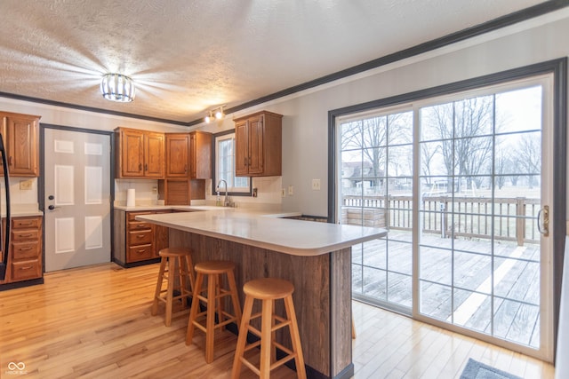 kitchen with light hardwood / wood-style flooring, a breakfast bar, ornamental molding, and kitchen peninsula