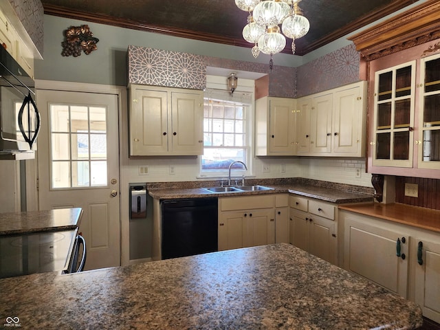 kitchen with ornamental molding, black appliances, sink, an inviting chandelier, and hanging light fixtures