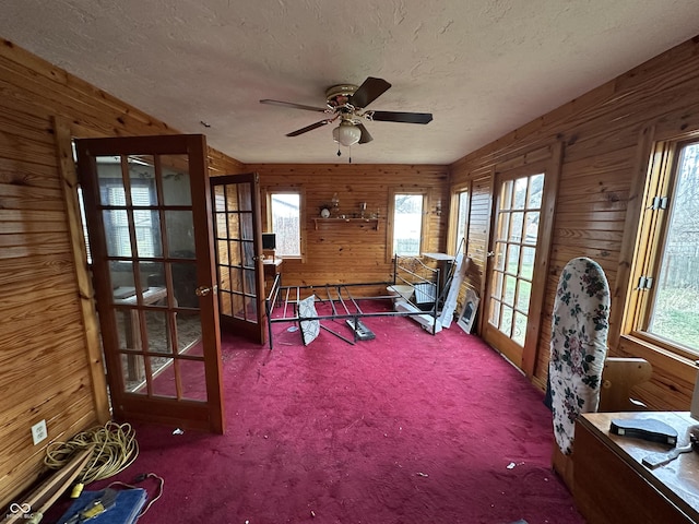 unfurnished office featuring wooden walls, french doors, and a healthy amount of sunlight