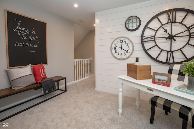 home office featuring light carpet