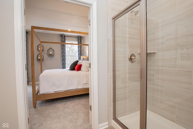 bathroom featuring a shower with shower door