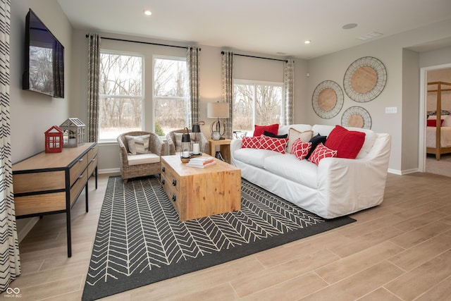 living room featuring a wealth of natural light and light wood-type flooring