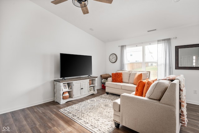 living room featuring ceiling fan, dark hardwood / wood-style flooring, and lofted ceiling