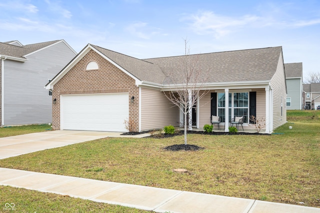 ranch-style home with a front lawn, a porch, and a garage