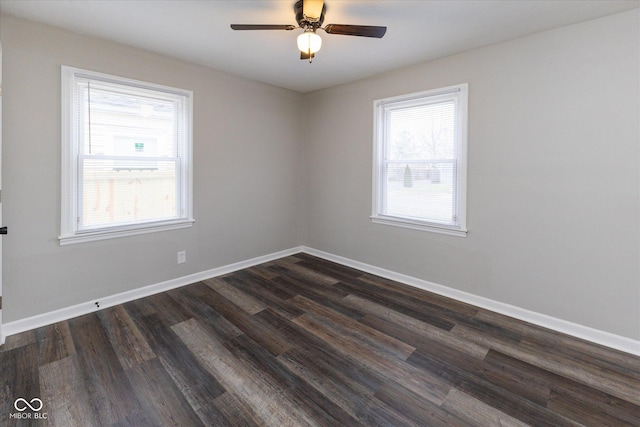 unfurnished room featuring dark hardwood / wood-style flooring and ceiling fan