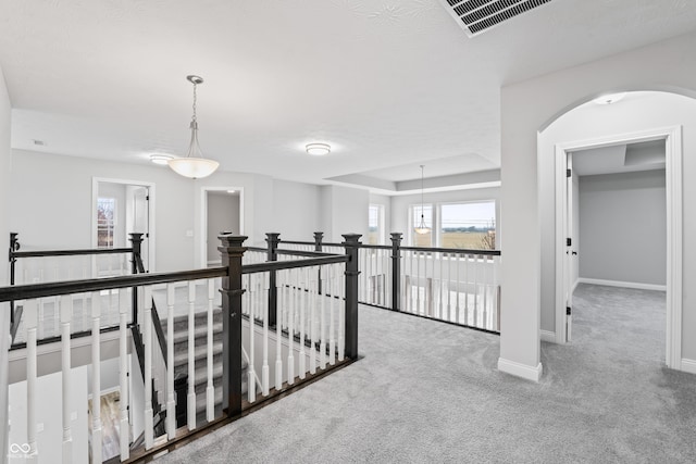 hall with a raised ceiling and carpet flooring