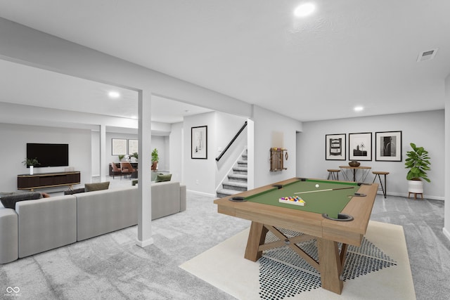 playroom with billiards and light carpet