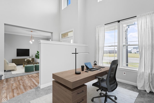 carpeted home office with ornamental molding