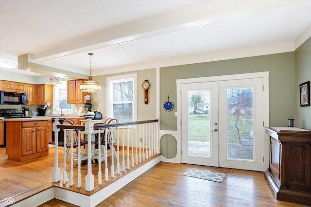 interior space with a chandelier, french doors, a healthy amount of sunlight, and light wood-type flooring