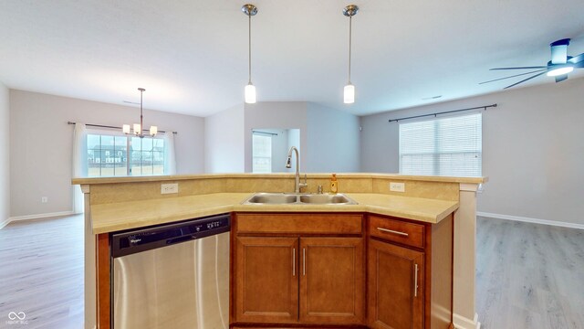 kitchen featuring dishwasher, an island with sink, a wealth of natural light, and sink