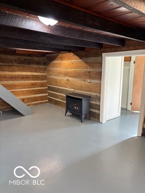 5967 S Lick Creek Rd, Morgantown, IN 46160 - basement with a wood stove and wooden walls