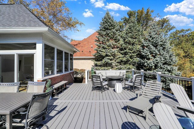 3441 S Overlook Pass, New Palestine, IN 46163 - wooden terrace featuring a sunroom, outdoor dining area, and a mountain view