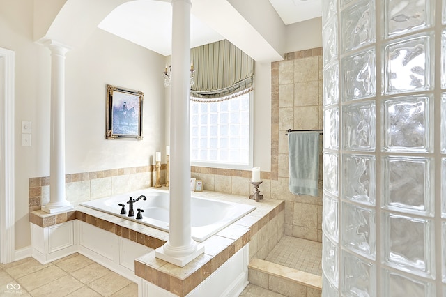 3441 S Overlook Pass, New Palestine, IN 46163 - full bath featuring decorative columns, a bath, tile patterned floors, and walk in shower