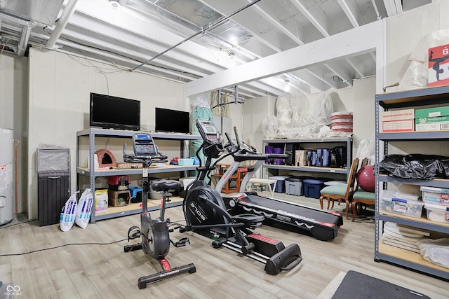 3441 S Overlook Pass, New Palestine, IN 46163 - workout room with wood finished floors and water heater