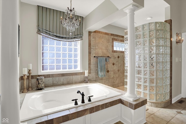 3441 S Overlook Pass, New Palestine, IN 46163 - bathroom featuring a garden tub, ornate columns, a walk in shower, and a chandelier
